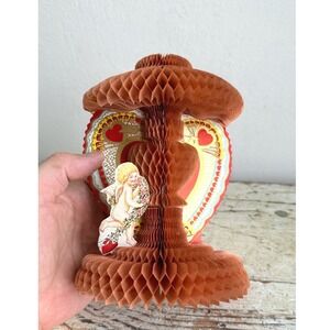 Vintage 1928 Honeycomb Tissue Valentine Card 3D Cupid Cherub Heart 7in